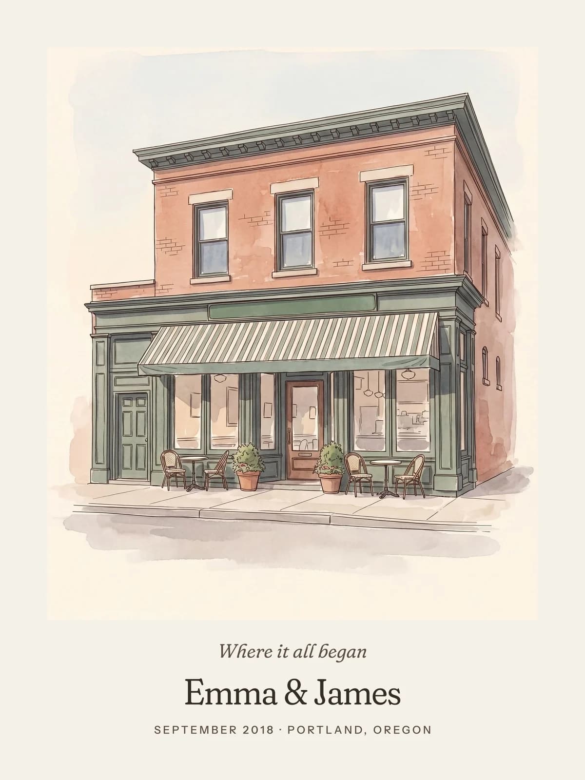 A line & wash illustration of a corner café captioned “Where it all began, Emma & James”