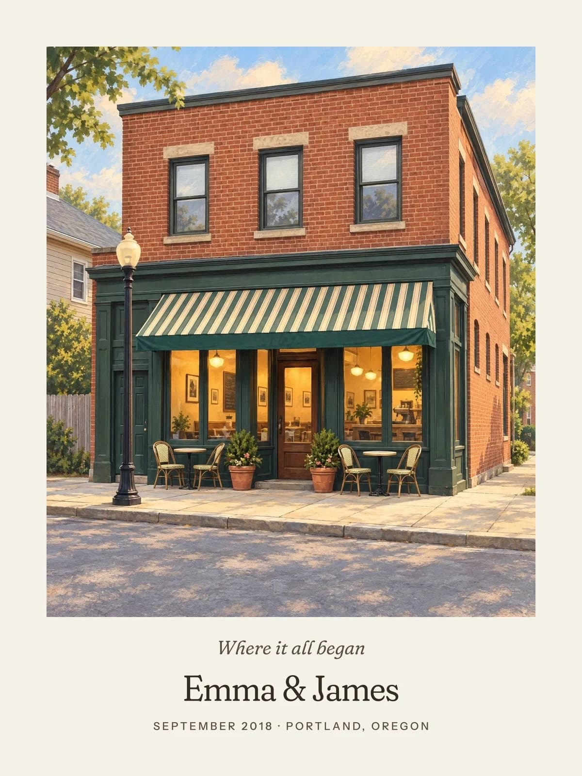 A painterly illustration of a corner café captioned “Where it all began, Emma & James”