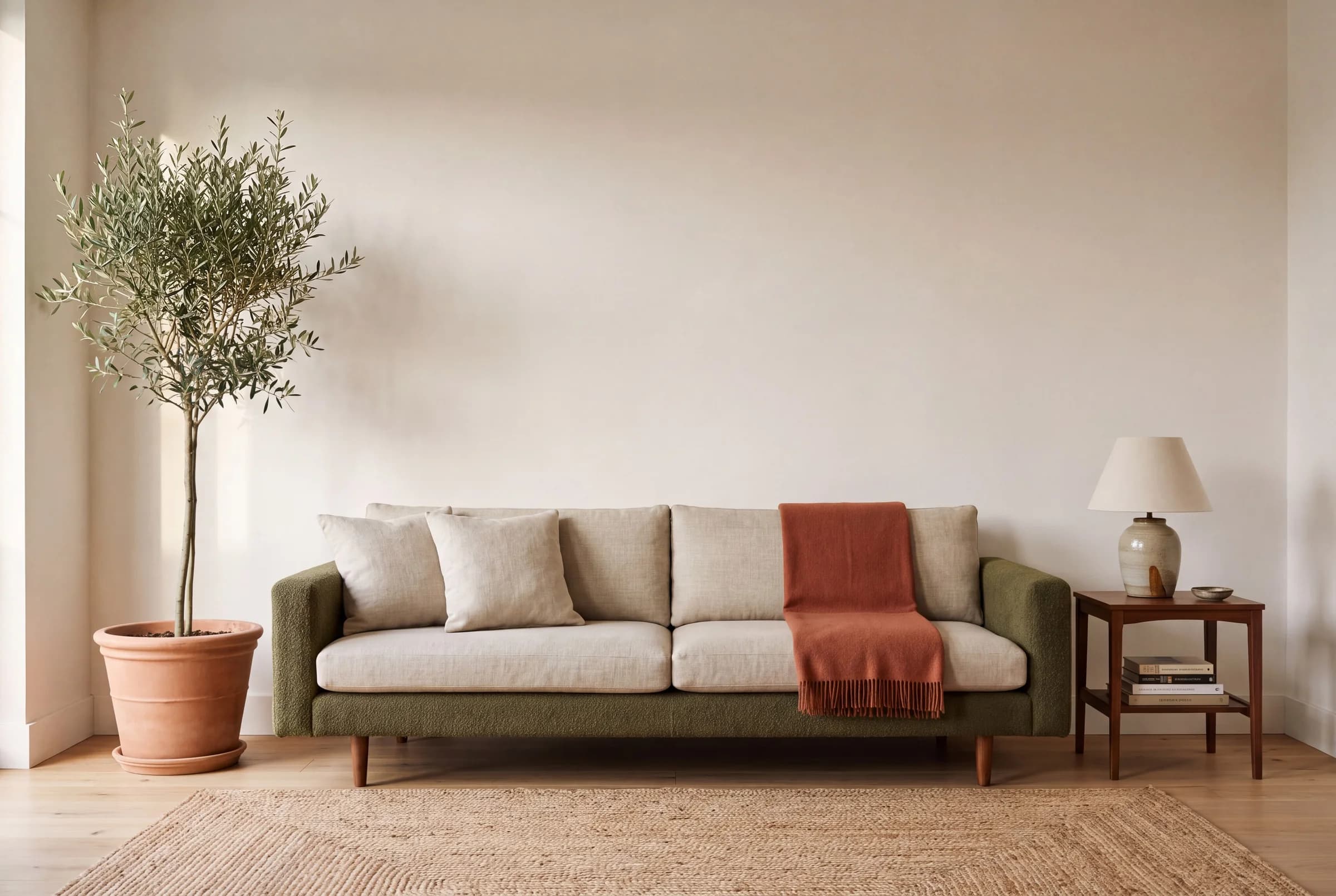 Above the sofa: a warm room with the framed print